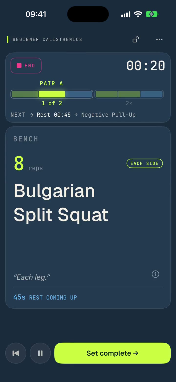 A calisthenics session running in sweatcue: each pair called and the rest timed