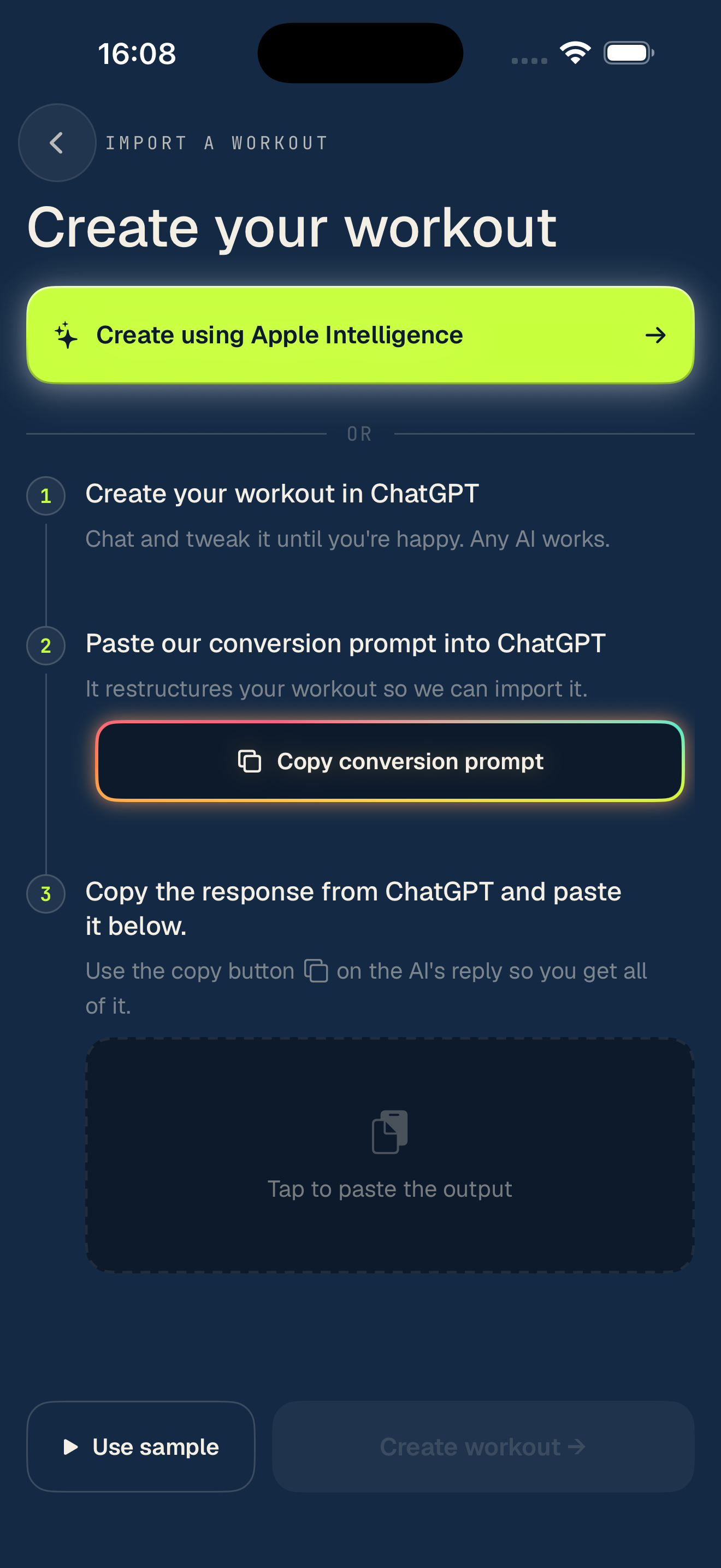 Create your workout screen with options to use any AI or Apple Intelligence