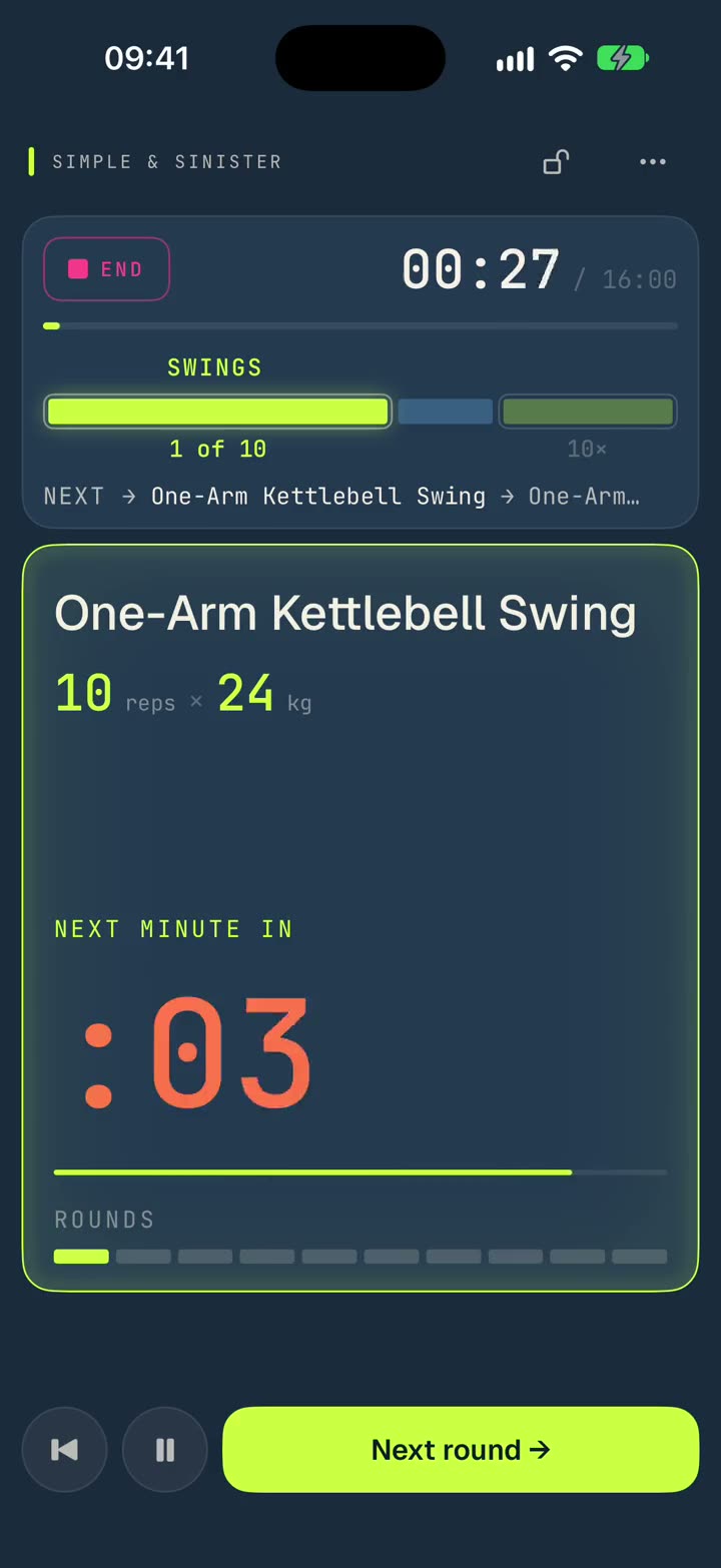 A kettlebell workout running in sweatcue, with each set and rest called out