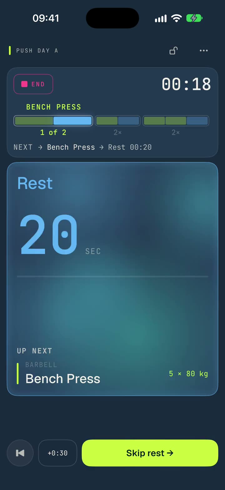 A push day running in sweatcue: each set counted and the rest timer started when you finish