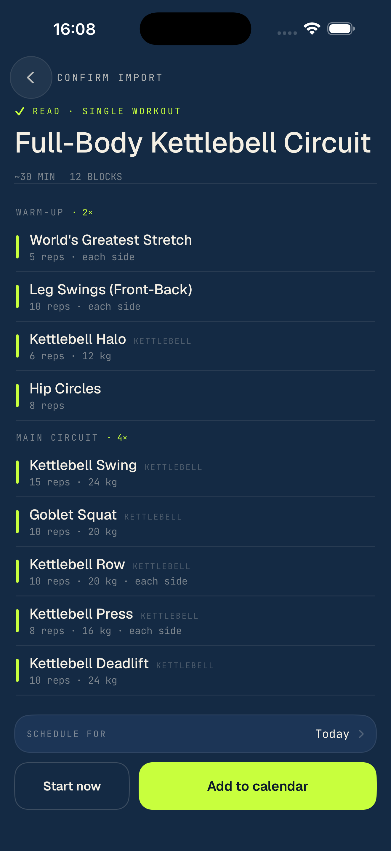 sweatcue structuring the pasted Full Body Kettlebell Circuit into a clean session
