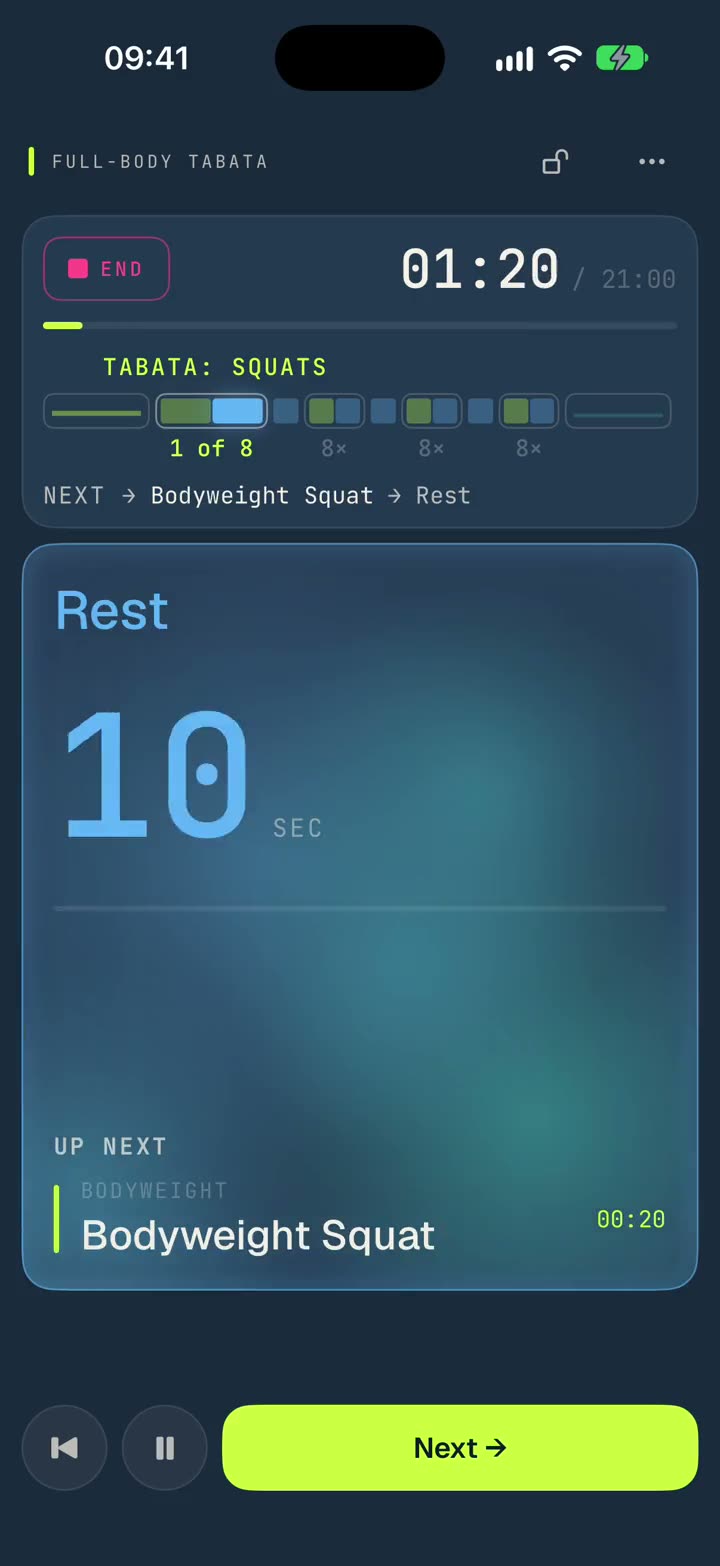 A full-body tabata running in sweatcue: 20 seconds of work, 10 seconds of rest, with each round counted